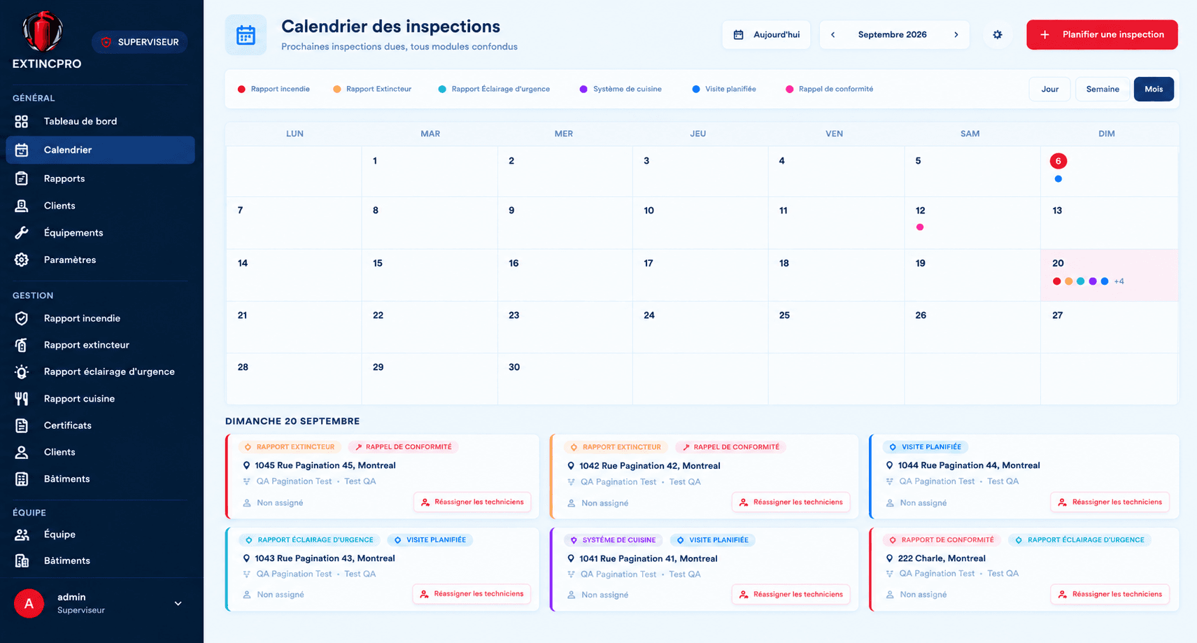 Calendrier des inspections et rappels de conformité dans ExtincPro