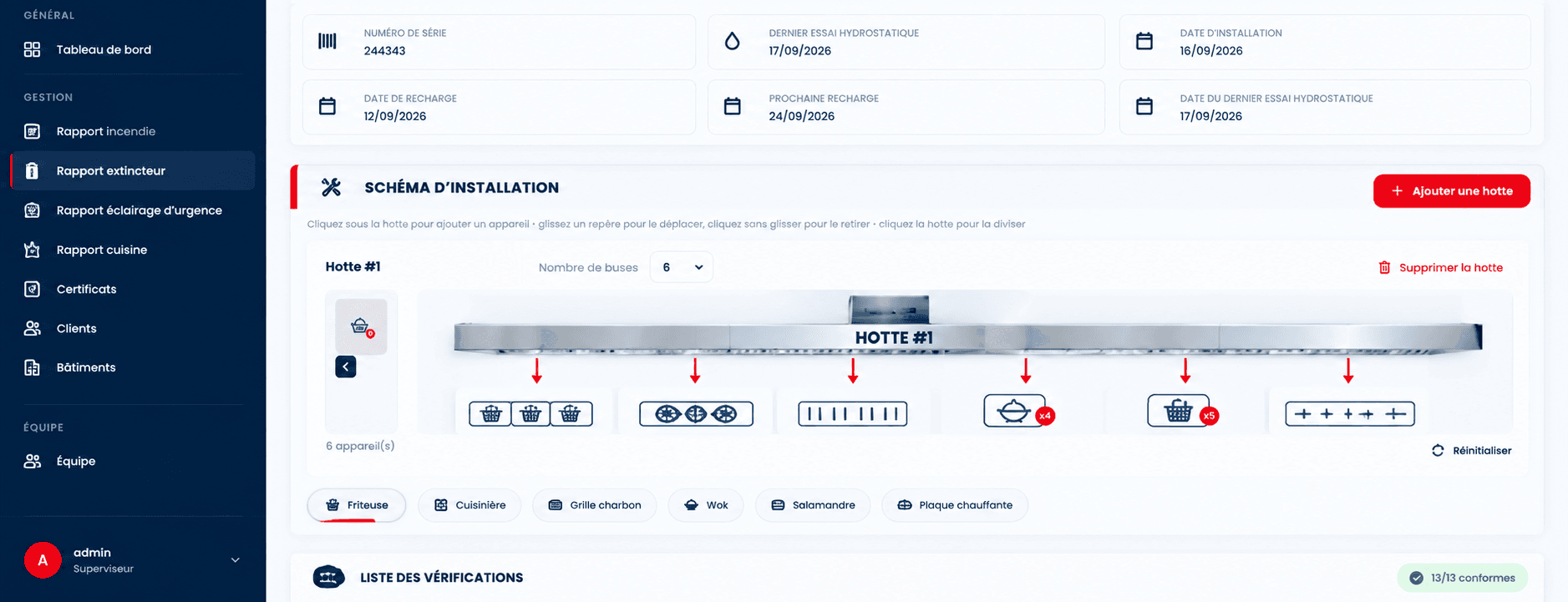 Schéma interactif du système d'extinction de cuisine dans ExtincPro
